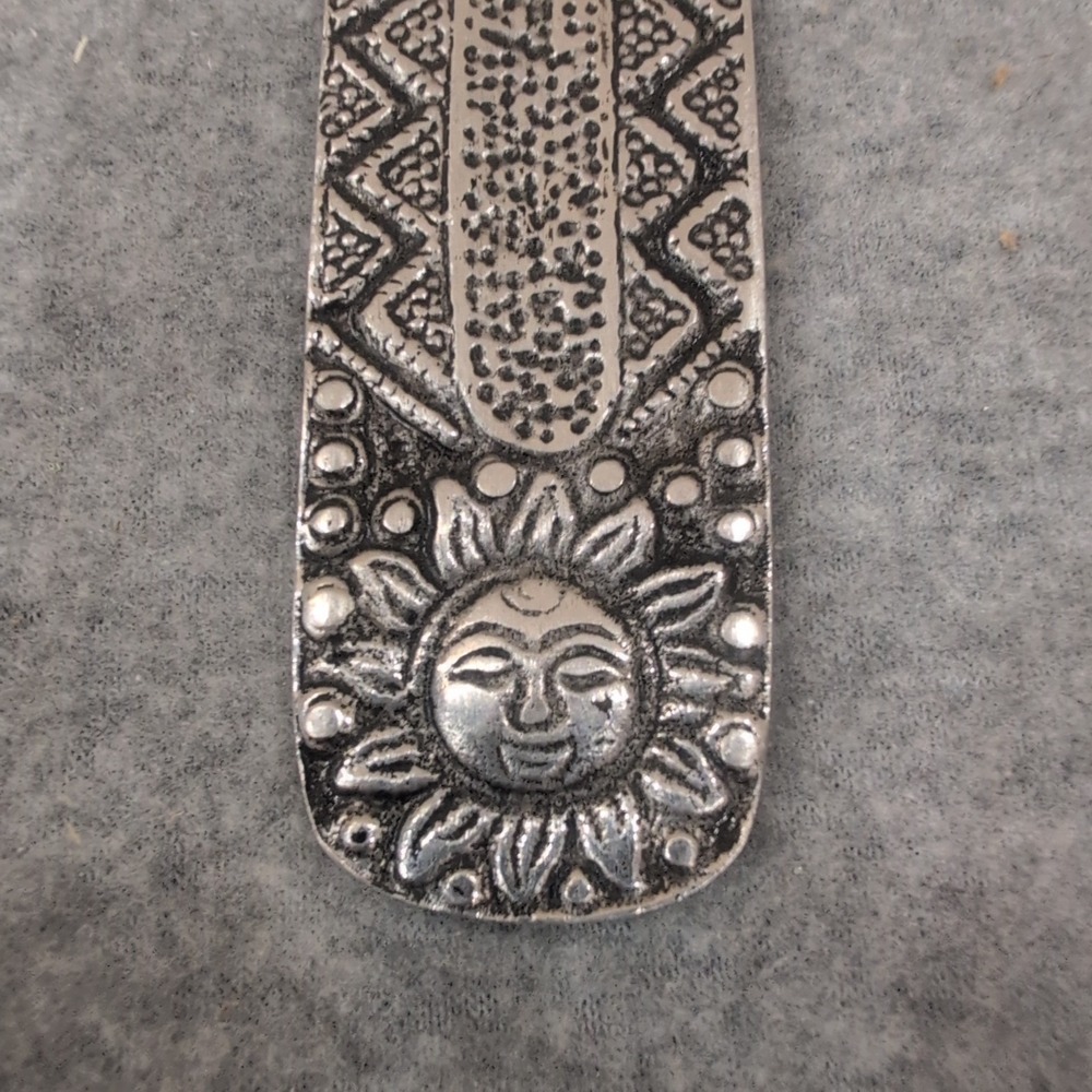 Silver Tone Metal Celestial Sun Moon Incense Burner Ash Catcher Tribal Pattern - Picture 3 of 4